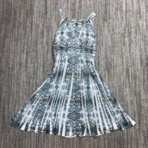 Vintage Y2K Cocoma Juniors Teen Size XL Blue White V Neck Pleats Fit Flare Dress